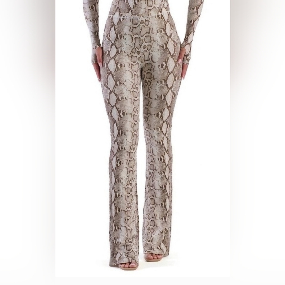 naked wardrobe Snake Print Boot Cut Jumpsuit Pants in Beige